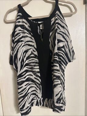 Cache Black and White Zebra Print Cold-Shoulder Tunic